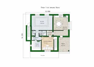 Проект бани с бассейном, бильярдной, веррандой и террасой - P258