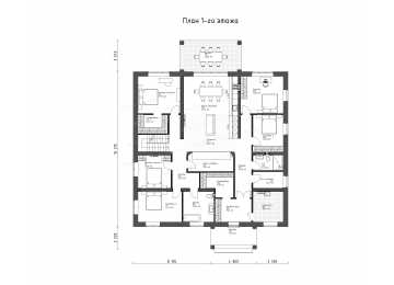 Проект узкого одноэтажного дома с гаражом и цоколем - P284