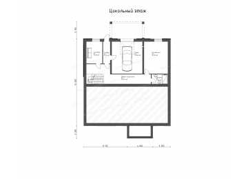 Проект узкого одноэтажного дома с гаражом и цоколем - P284