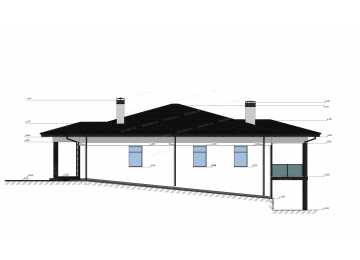 Проект узкого одноэтажного дома с гаражом и цоколем - P284