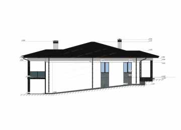 Проект узкого одноэтажного дома с гаражом и цоколем - P284