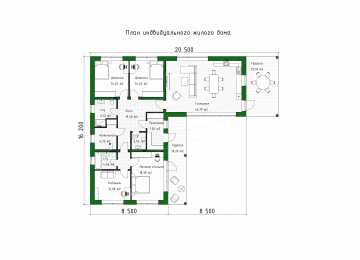 Проект углового одноэтажного дома с тремя спальнями - P300