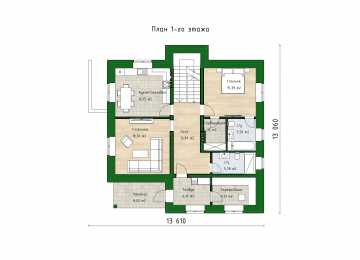 Проект квадратного двухэтажного дома с размерами 13 м на 13 м - P304