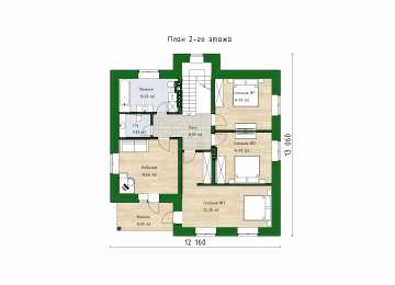 Проект квадратного двухэтажного дома с размерами 13 м на 13 м - P304