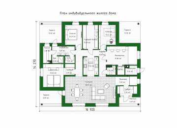 Проект жилого одноэтажного дома с тремя террасами - P273