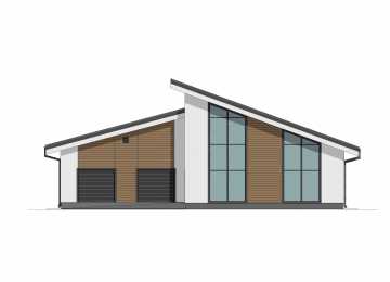 Проект узкого одноэтажного дома с большими окнами, вторым светом и двухместным гаражом - P289