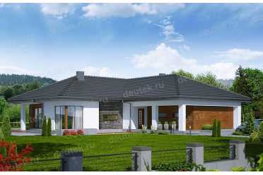 Проект европейского одноэтажного дома с двухместным гаражом, чердаком и камином 16 на 18 м - DTA100045 DTS100045