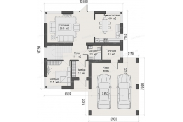 Проект дома из кирпича с навесом на 2 машины DT0337